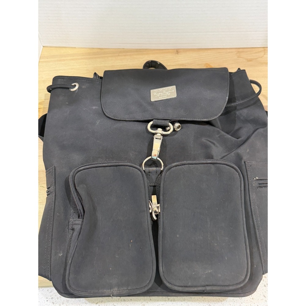 VTG~DKNY~DRAWSTRING~BLACK Canvas~SILVER TONE HARDWARE~BUCKLE &ZIP LOGO~BACKPACK